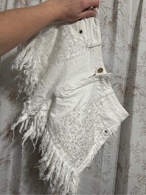 White Sequin Fringe Jean Shorts